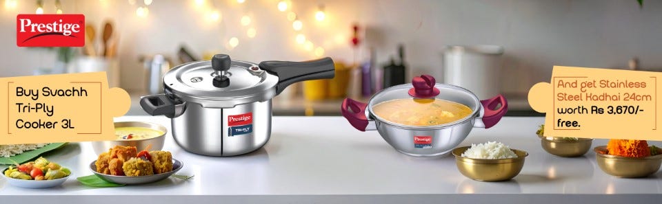 9) Buy Svachh Tri-Ply Cooker 3L and get Stainless Steel Kadhai 24cm free.
