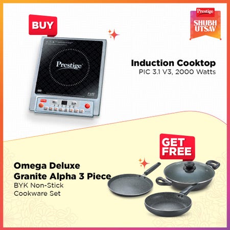 Prestige PIC 3.1 V3 2000 Watts Induction Cooktop with Omega Deluxe Granite Alpha 3 Piece BYK Non-Stick Cookware Set| Kadai 24cm with Glass Lid, Omni Tawa 28cm and Fry Pan 24cm